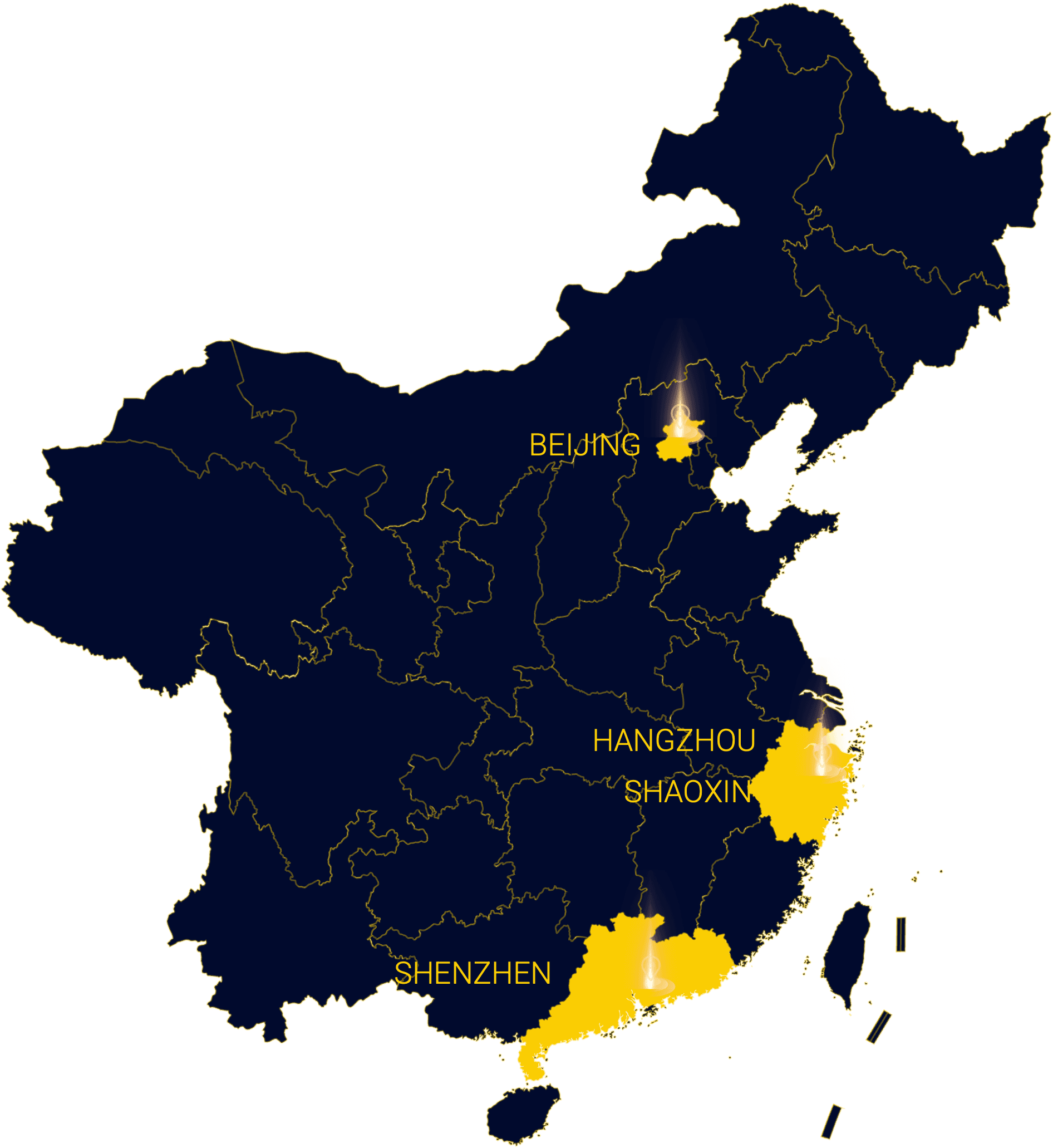 Map of China showing locations of facilities in Beijing, Hangzhou, Shenzhen, and Shaoxing
